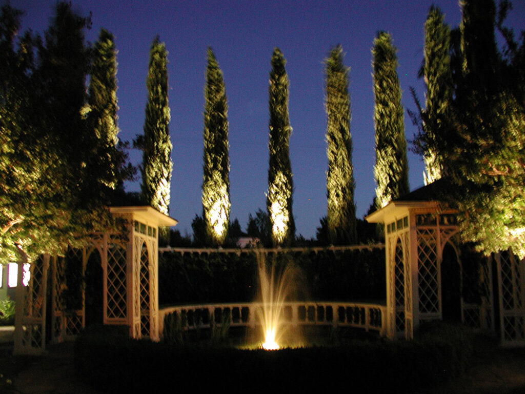 an image of a fountain illuminated at night